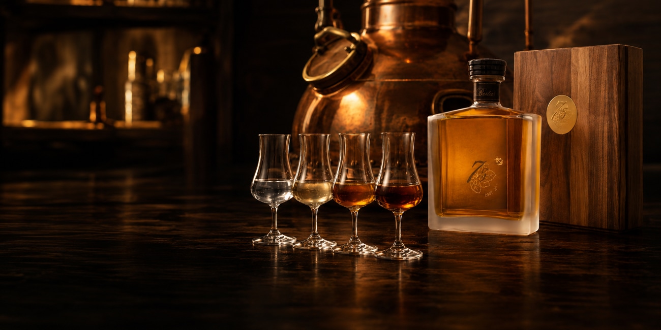 Grappa Alkoholgehalt � Grappaglas und Alkoholspindel vor einer kupfernen Brennblase