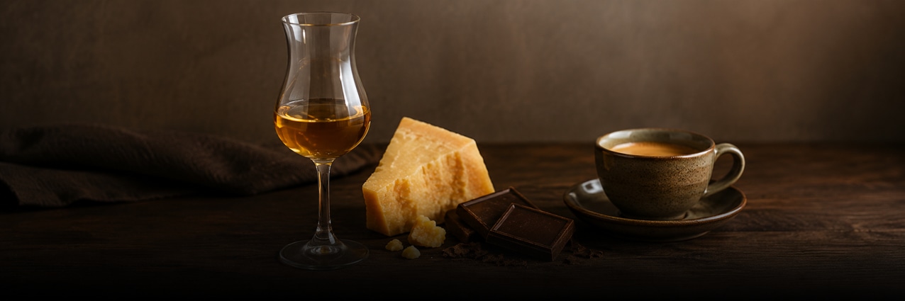 Grappa Food-Pairing � Grappaglas mit Parmigiano, dunkler Schokolade und Espresso