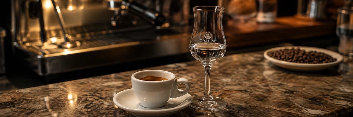Caff� corretto � Espresso mit einem Schuss Grappa und ein Glas wei�er Grappa