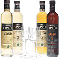 Francoli Grappa Moscato, Riserva Barrique mit 4 Gläser Francoli Grappa Moscato, Riserva Barrique mit 4 Gläser