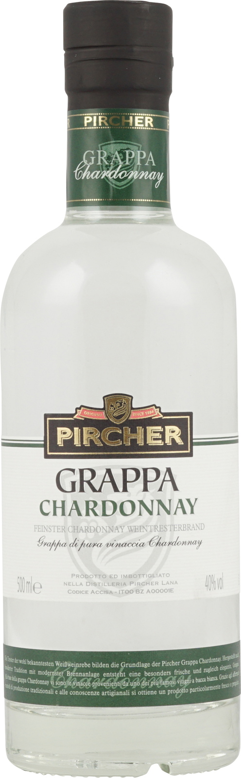 Pircher Grappa Chardonnay in 500 ml Flasche mit 40% Vol